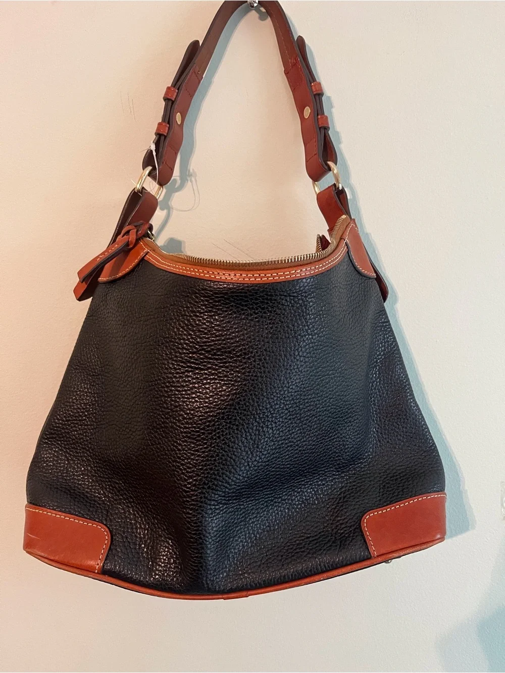 Dooney & Bourke Black Pebble Leather Hobo with Brown Trim and Strap